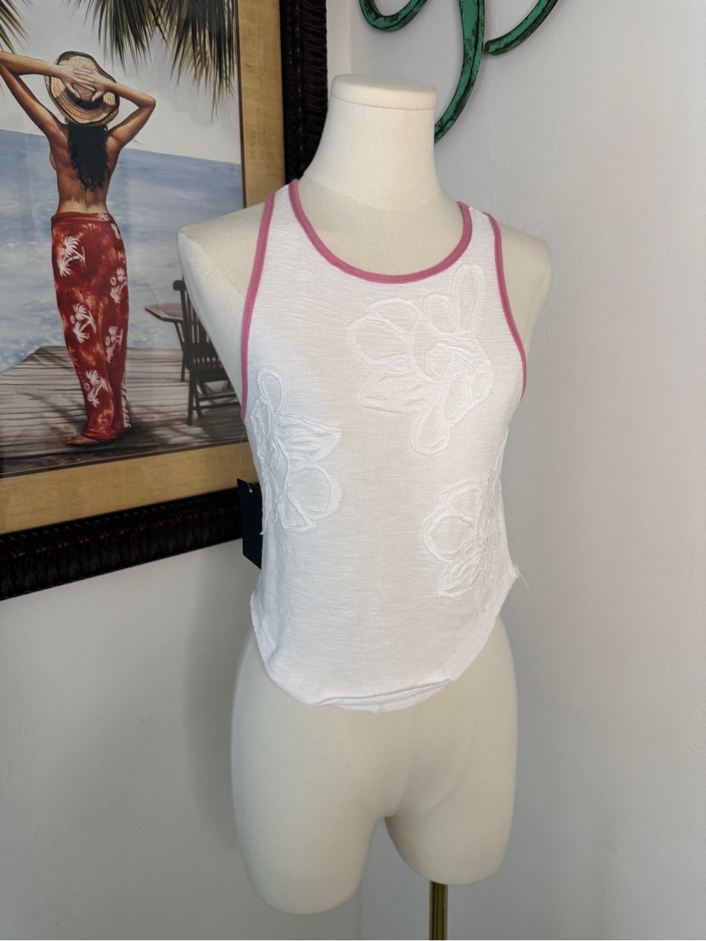 POL White Tank with Pink Trim and Floral Embroidery